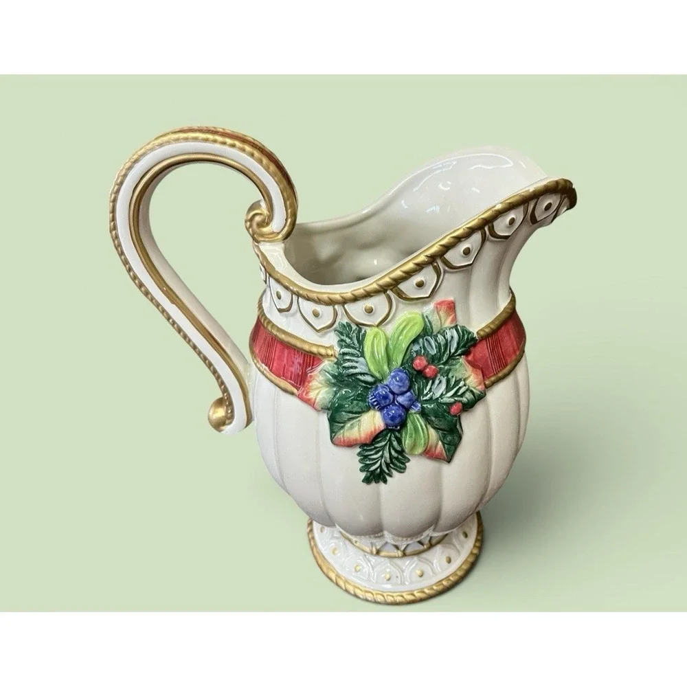 Fitz & Floyd Classics Christmas Deer Bow Bells Serving Pitcher Vase Bells Ribbon